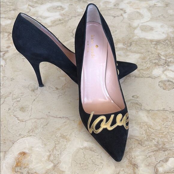 kate spade Shoes - Kate Spade New York Gold “Love” Black Suede Leather Stiletto Heels Pumps